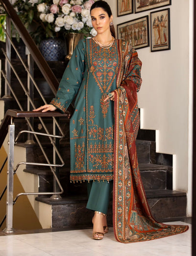 3 Pc Designer Lawn Cotton Suit With Organza Dupatta Green D-4010