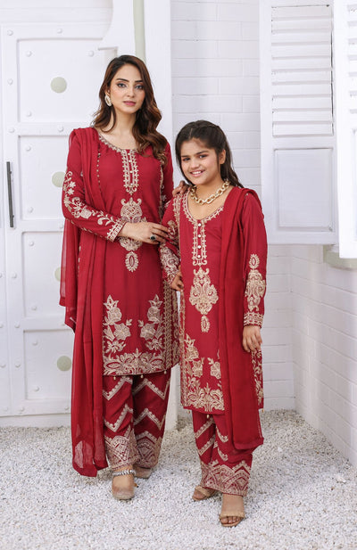 Embroidered Readymade Linen Mother & Daughter Suit Maroon TS-212 | Shop Pakistani Dresses
