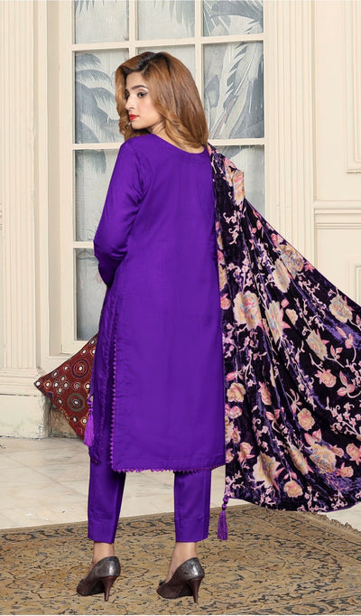 Cadbury Purple - 3 Piece Dhanak  Suit With Velvet Palachi Shawl