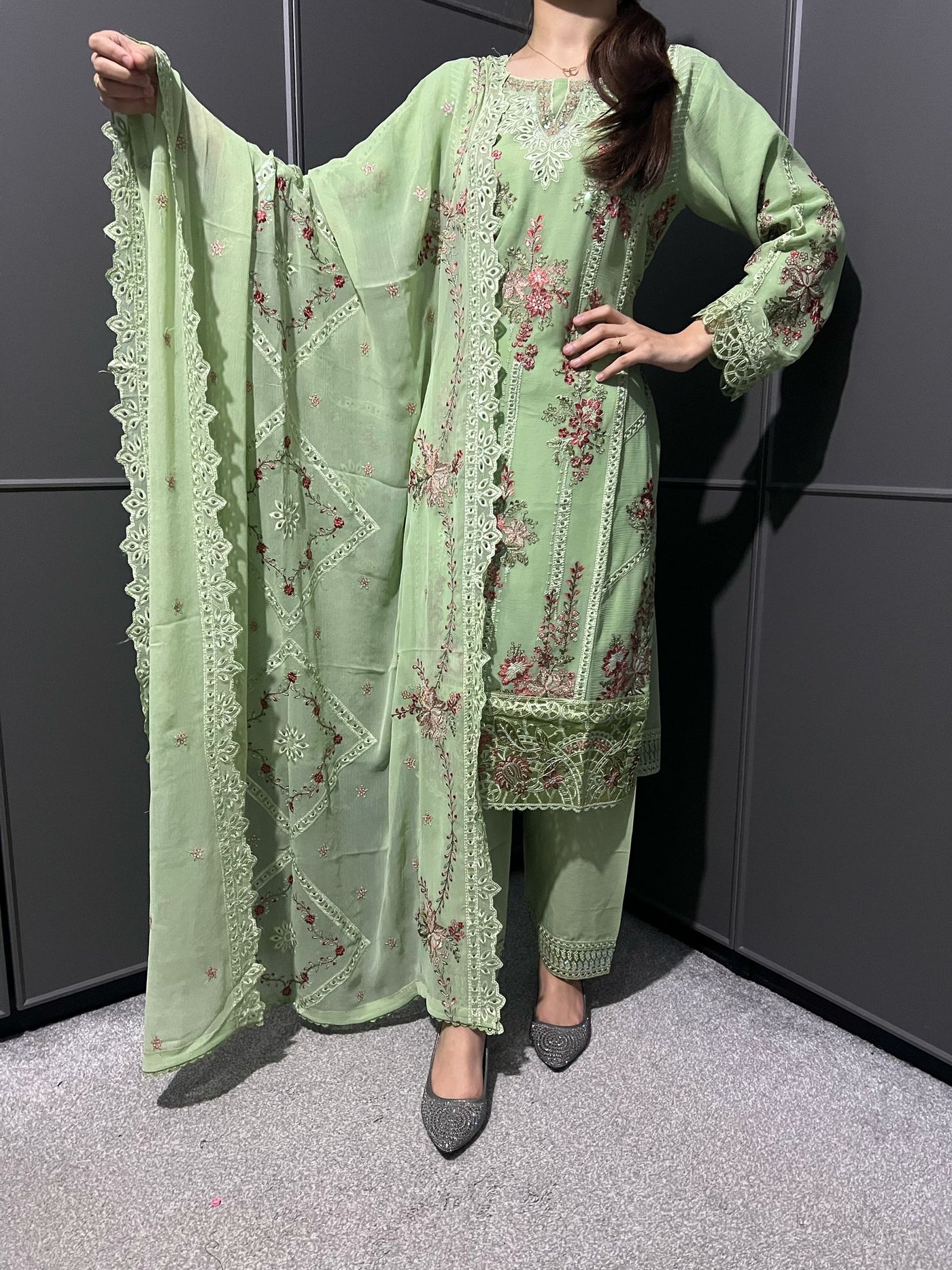 D-1 PISTA  3Pc Embroidered Chiffon Collection With Embroidered Chiffon Duptta