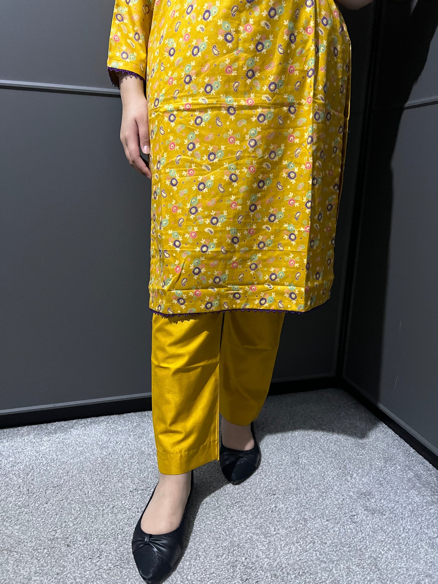 D-55 Mustard Printed 2 Piece Winter Dhanak Suit