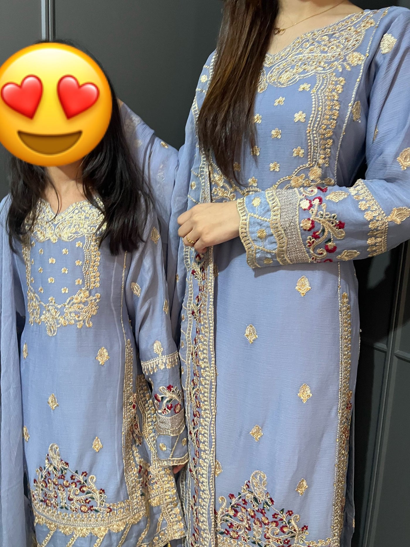 Gray Embroidered Chiffon Mother & Daughter Ready to Wear Collection - Perfect for Family Outfits