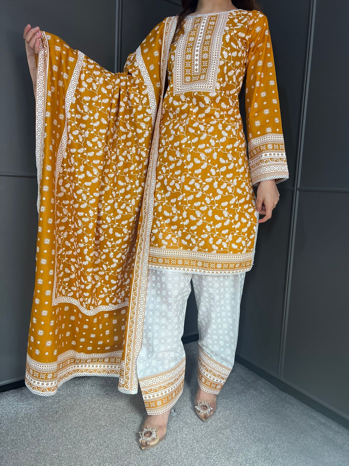 MUSTARD FARSHI SALWAR 3PC READYMADE SUIT  WITH LAWN DUPTTA