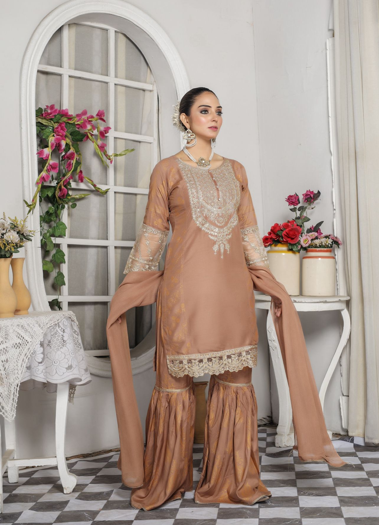 Embroidered Linen Sharara Suit With Chiffon Dupatta Beige D-171Embroidered Linen Sharara Suit With Chiffon Dupatta Beige D-171