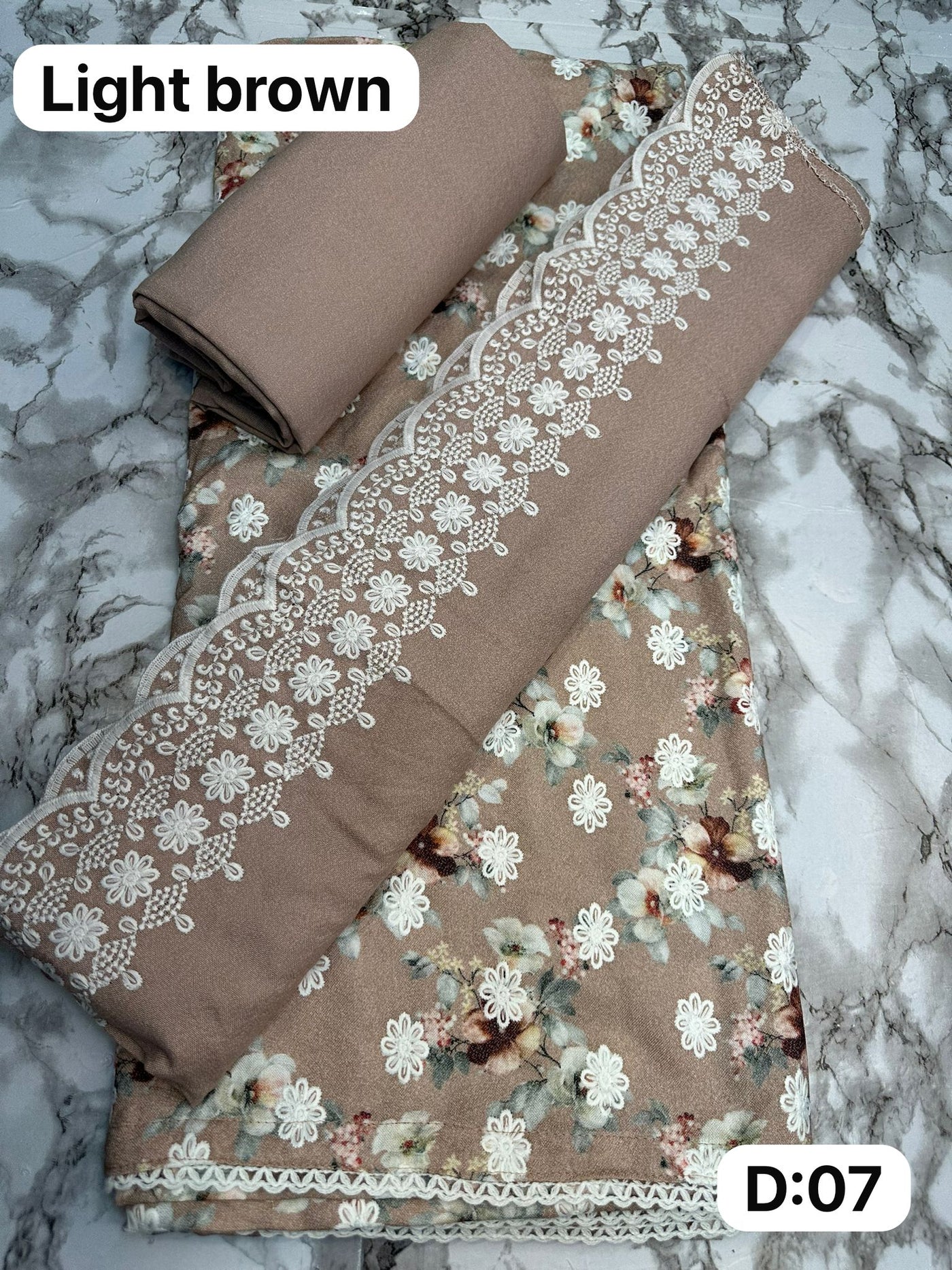 D07 Light Brown Winter Embroidered Unstitched Alpine Suit