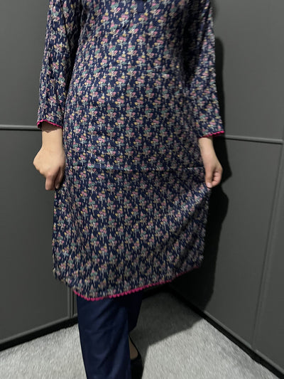 D-69 BLUE Printed 2 Piece Winter Dhanak Suit