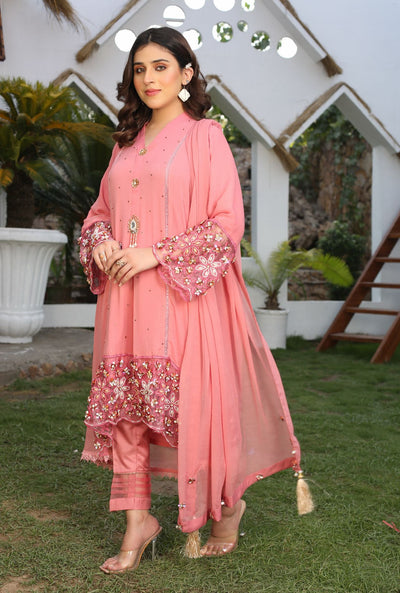 Chiffon Modern Styled Pink Tail Frock D-75