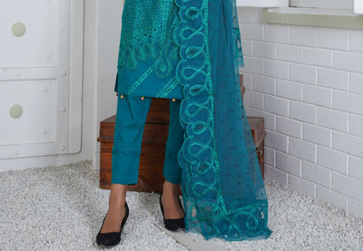 Premium Lawn 3 Piece Outfit With Printed Embroidered Net Dupatta Teal D-2A