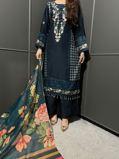 Blue - Viscose Embroidered Plazzo | Suit With Embroidered | Organza Dupatta