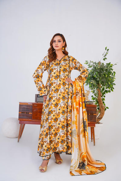 3 Pc Floral Printed Winter Linen Frock With Linen Dupatta D-602