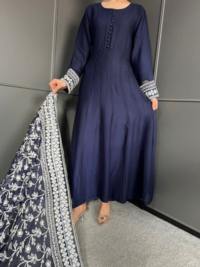 BLUE Ready to wear 3 piece Embroidered maxi dress