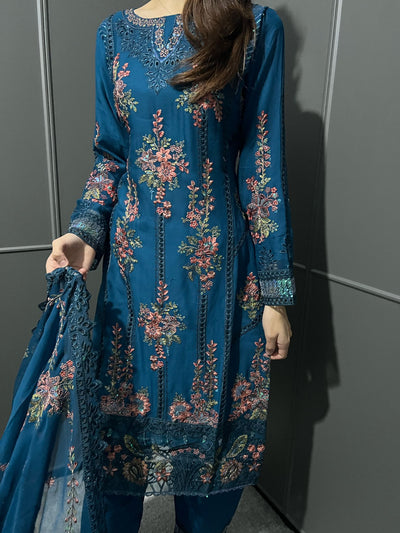 D-5 TEAL 3Pc Embroidered Chiffon Collection With Embroidered Chiffon Duptta