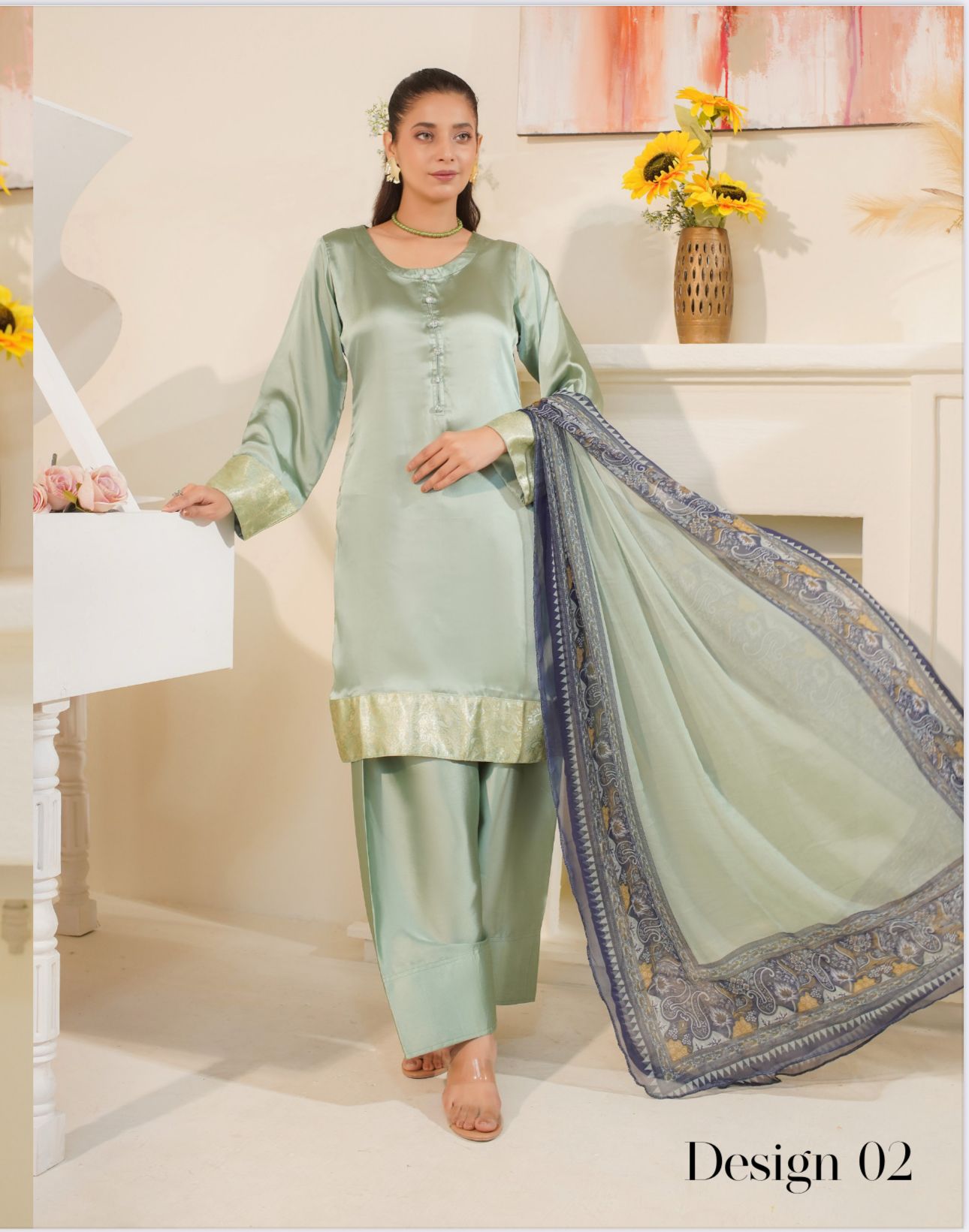 FARSHI SHALWAR Plain Silk 3 Piece Outfit With Printed Chiffon | Desing Number Two | Buy Latest Pakistani Suits Online | Image 1 of 5