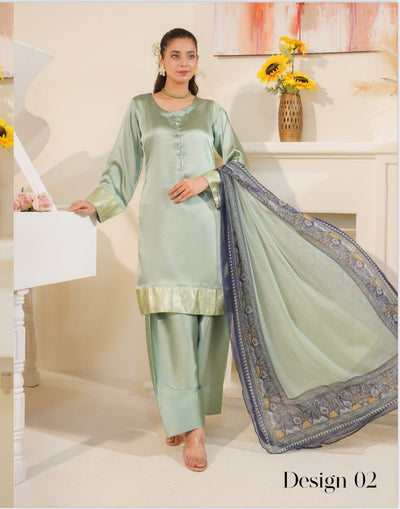 FARSHI SHALWAR Plain Silk 3 Piece Outfit With Printed Chiffon | Desing Number Two | Buy Latest Pakistani Suits Online | Image 1 of 5