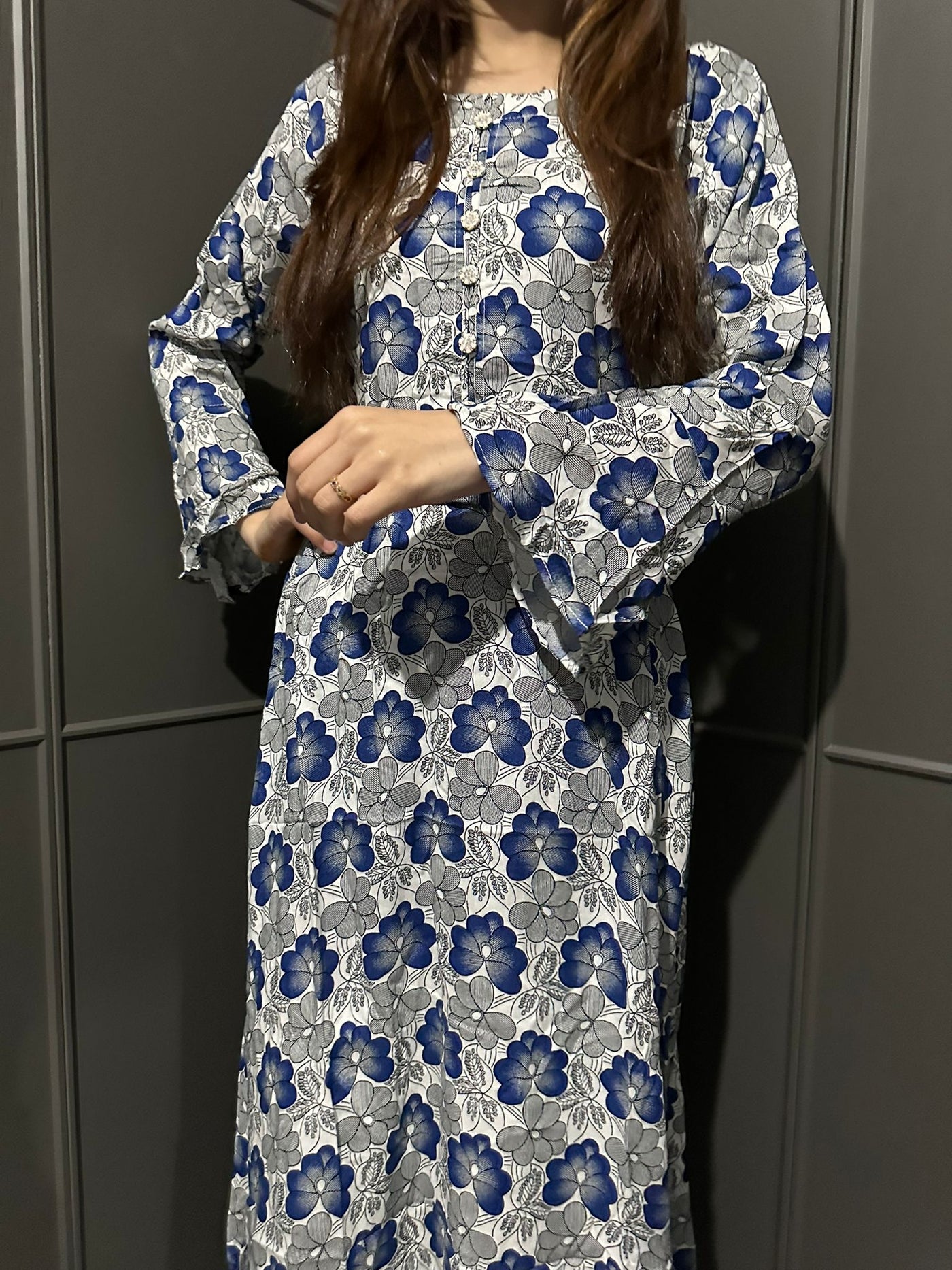 D-2 White&Blue Printed Long Dress in Linen Martial Fabric for Casual Wear - Womenswear