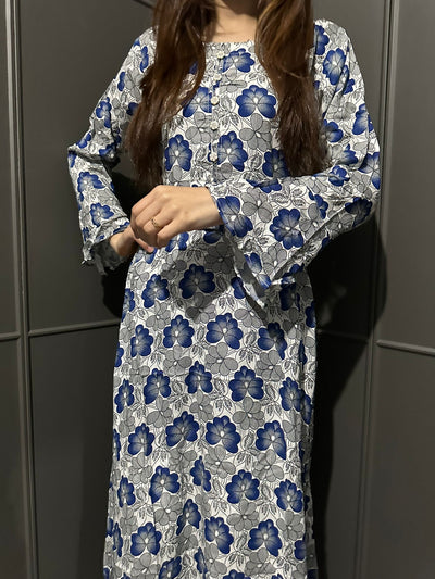D-2 White&Blue Printed Long Dress in Linen Martial Fabric for Casual Wear - Womenswear