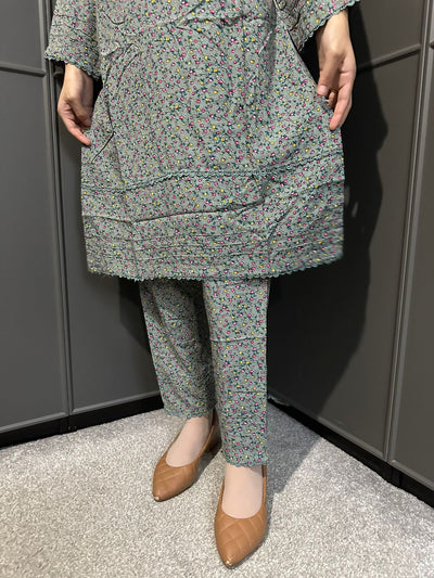 Floral Printed Stone Linen Suit - Trouser 2 Pc Set