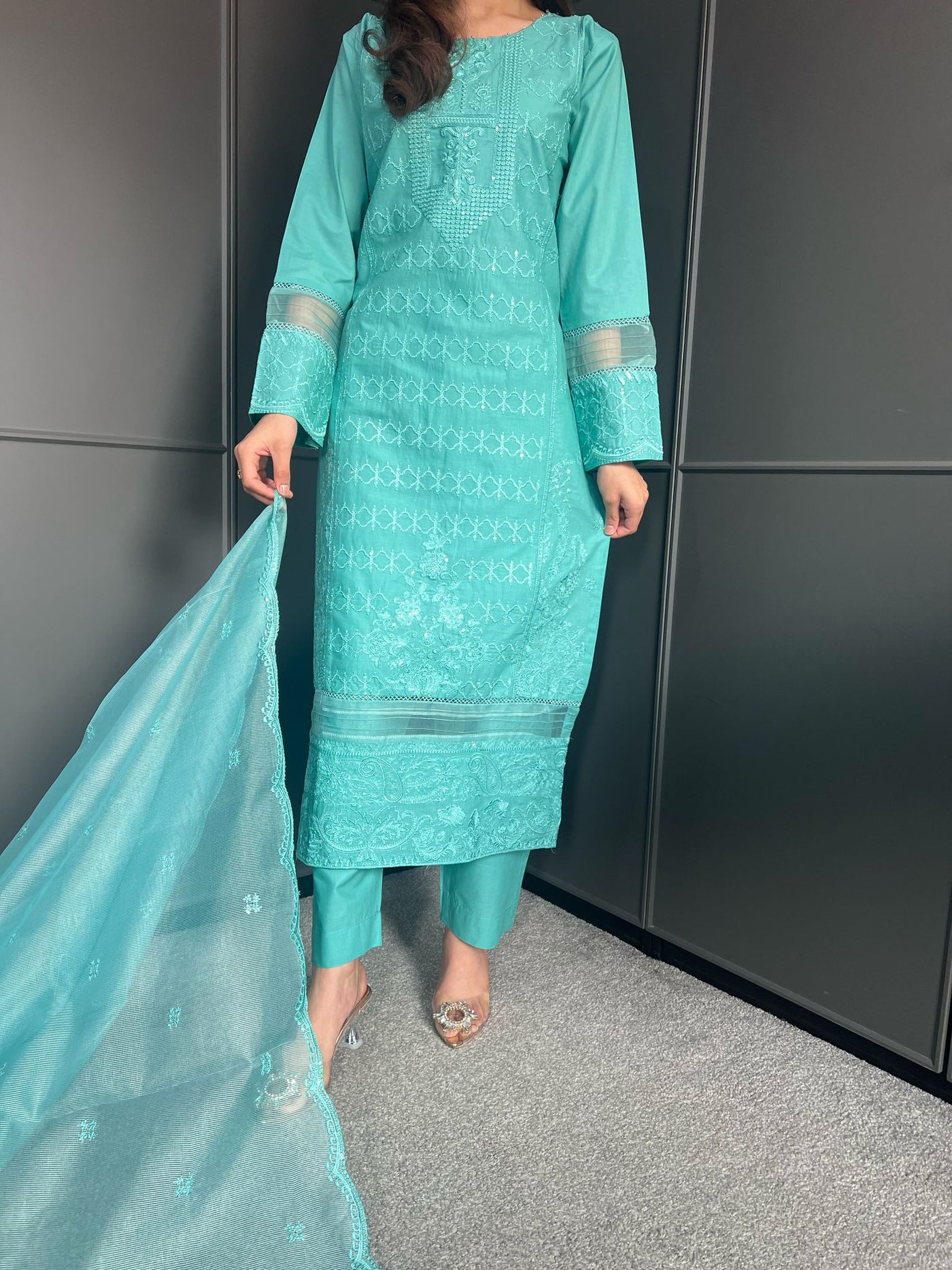 Embroidered Lawn Cotton Organza Suit with Organza Dupatta - Comfortable and Stylish