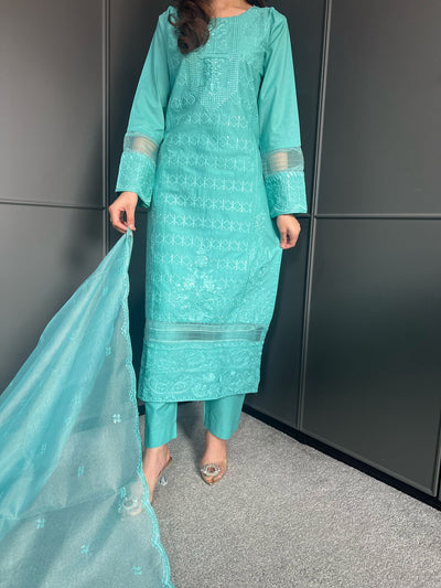 Embroidered Lawn Cotton Organza Suit with Organza Dupatta - Comfortable and Stylish