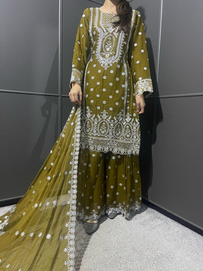 OLIVE GREEN - Mahham Luxury Chiffon Gharara Collection