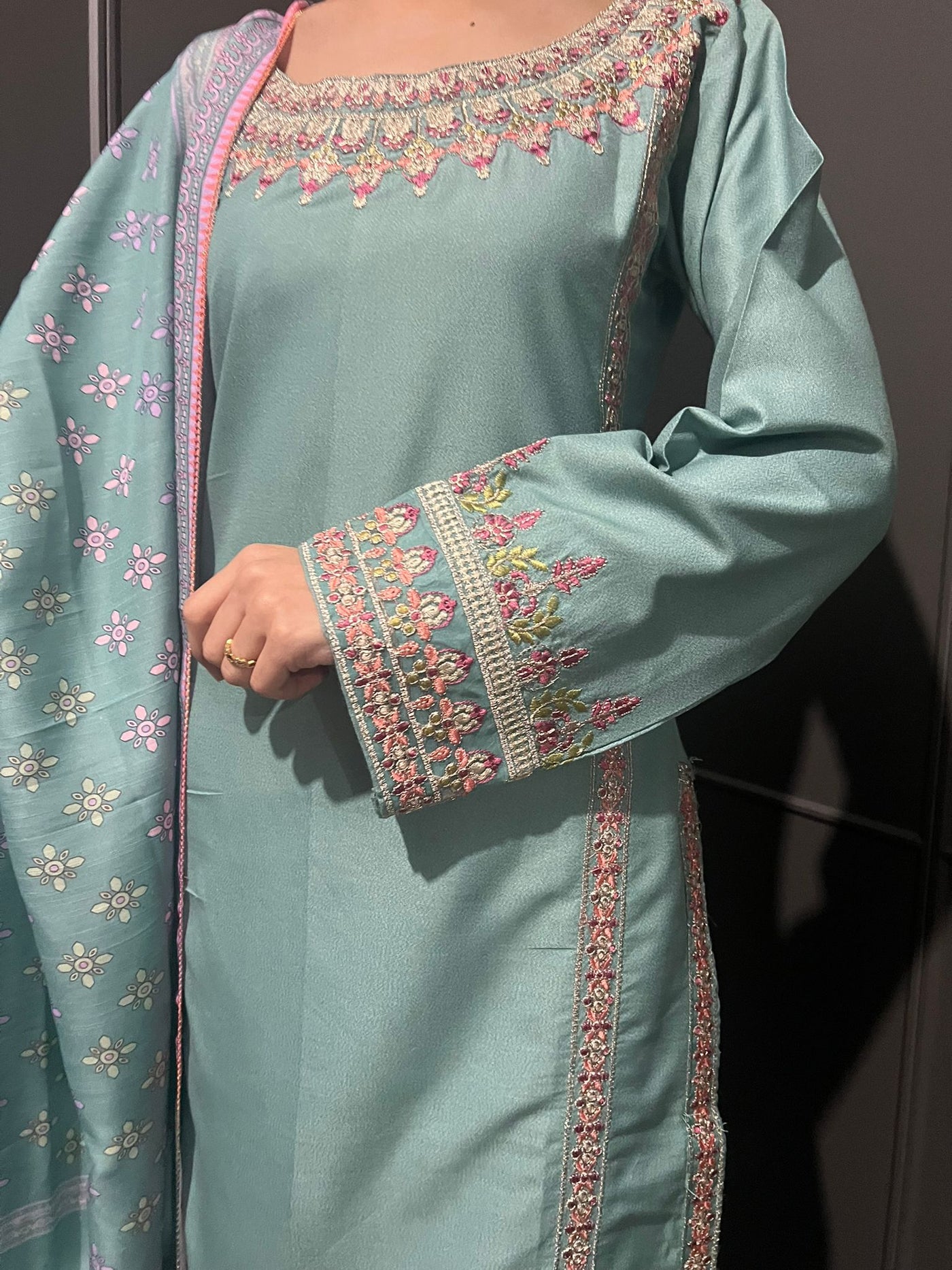 3 Pc Embroidered Dhanak Readymade Plazzo Suit with Winter shawl