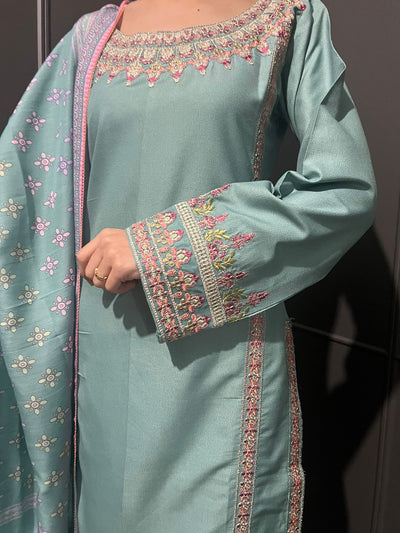 3 Pc Embroidered Dhanak Readymade Plazzo Suit with Winter shawl