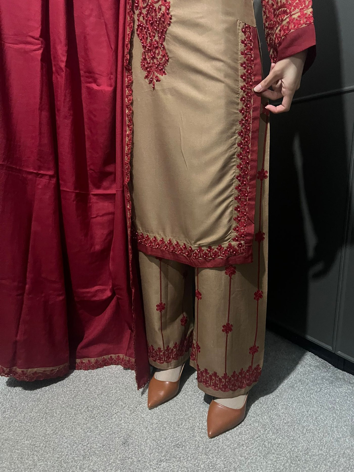 3 Pc Embroidered Dhanak Readymade Plazzo Suit with Winter shawl