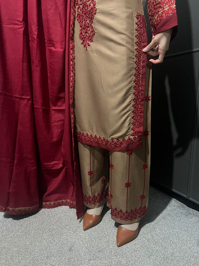 3 Pc Embroidered Dhanak Readymade Plazzo Suit with Winter shawl