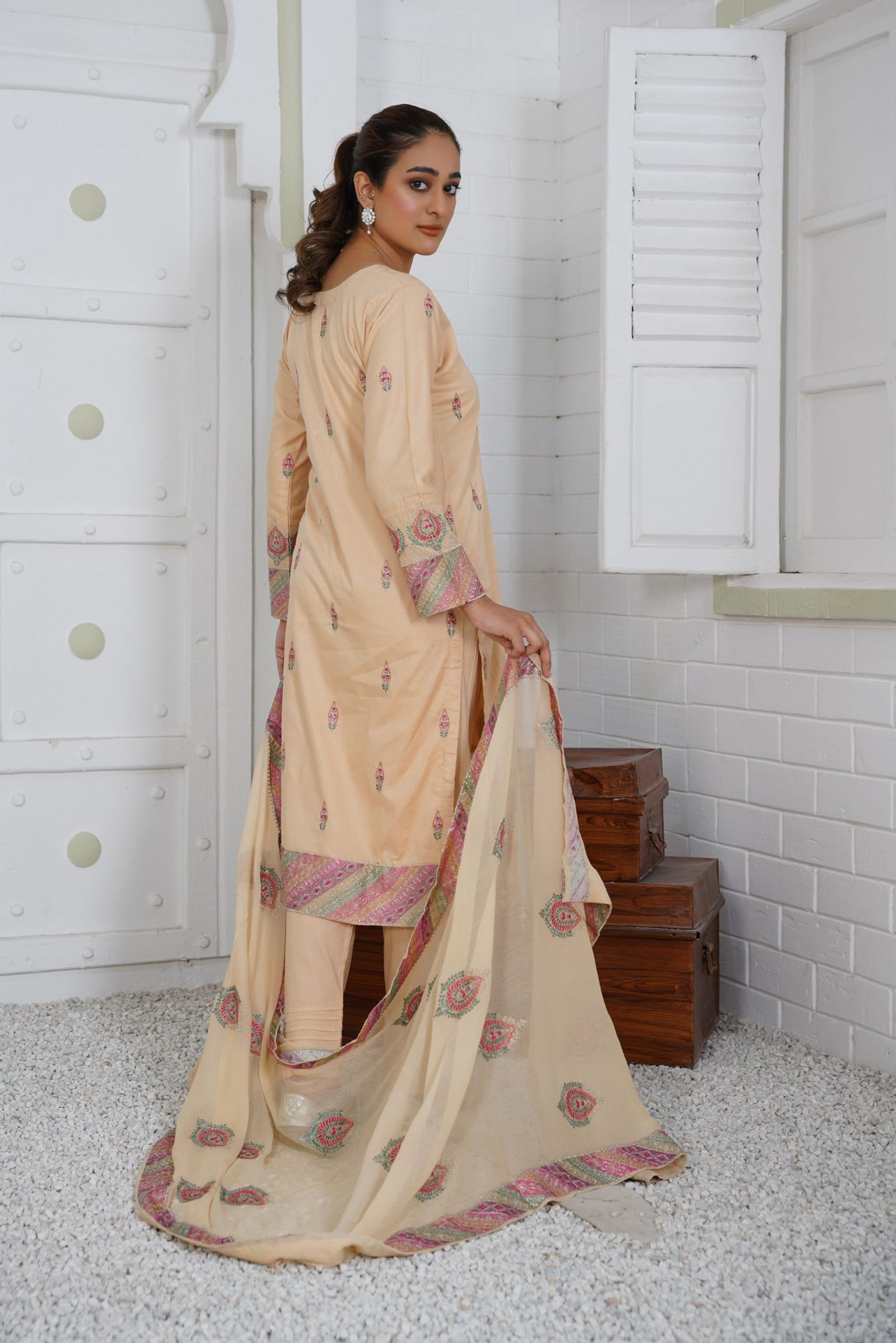 Premium Lawn 3 Piece Outfit With Embroidered Chiffon Dupatta Beige D-4086