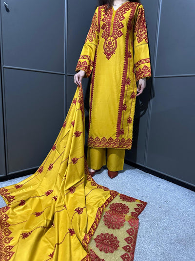 3 PIECE EMBROIDERED| DHANAK READY TO WEAR | SUIT WITH EMBROIDERED  SHAWAL