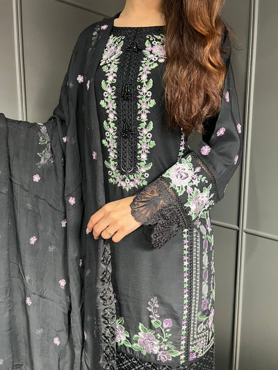 Black - Viscose Embroidered Plazzo | Suit With Embroidered | Chiffon Dupatta