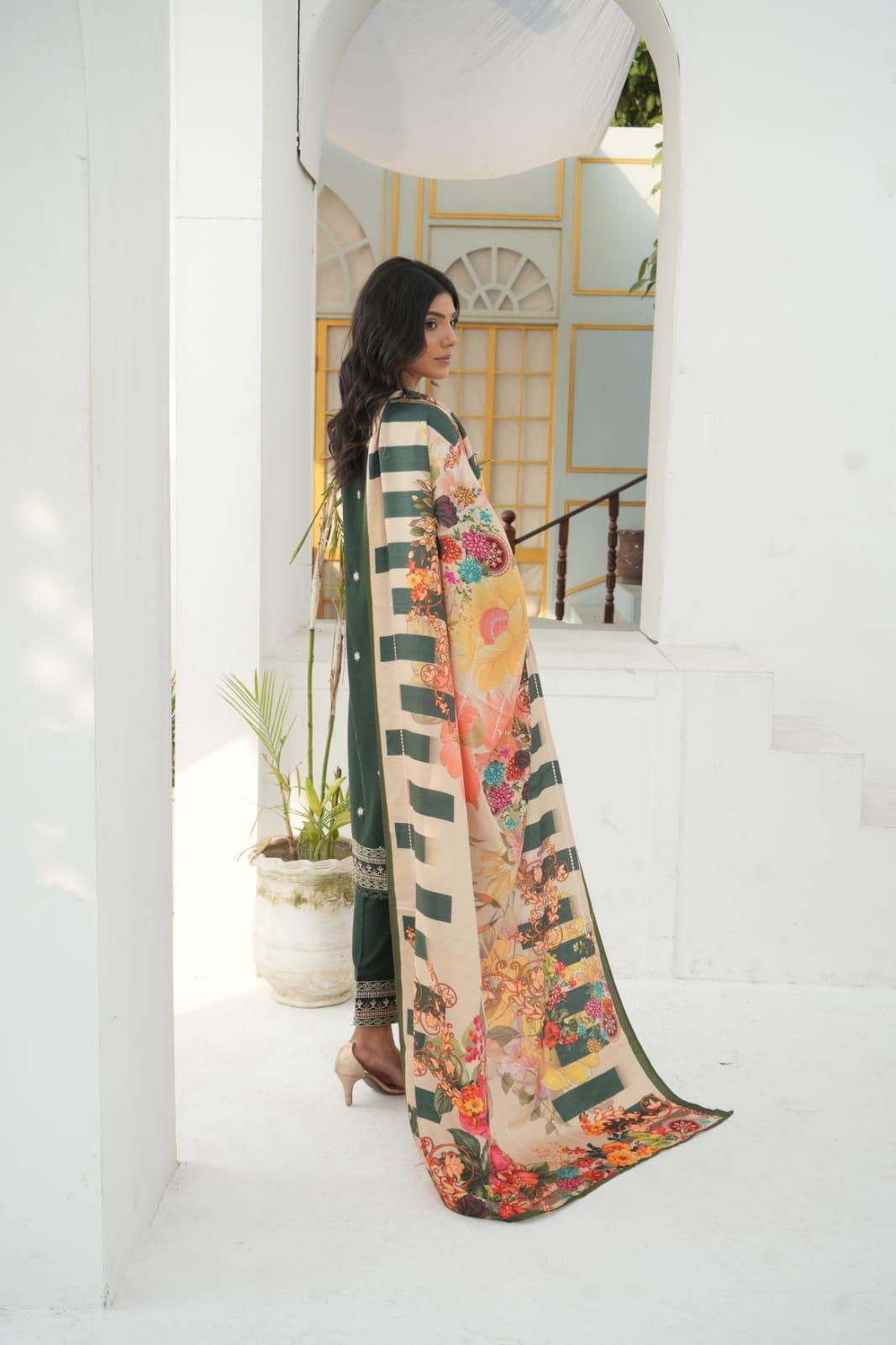 Green-3 PIECE EMBROIDERED DHANAK READY TO WEAR SUIT