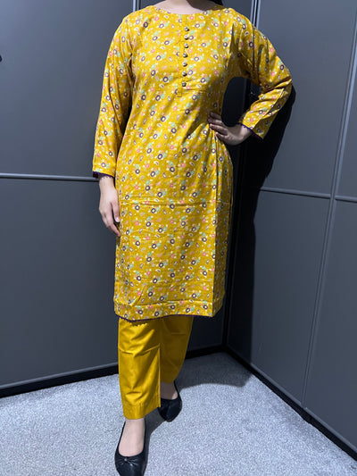 D-55 Mustard Printed 2 Piece Winter Dhanak Suit