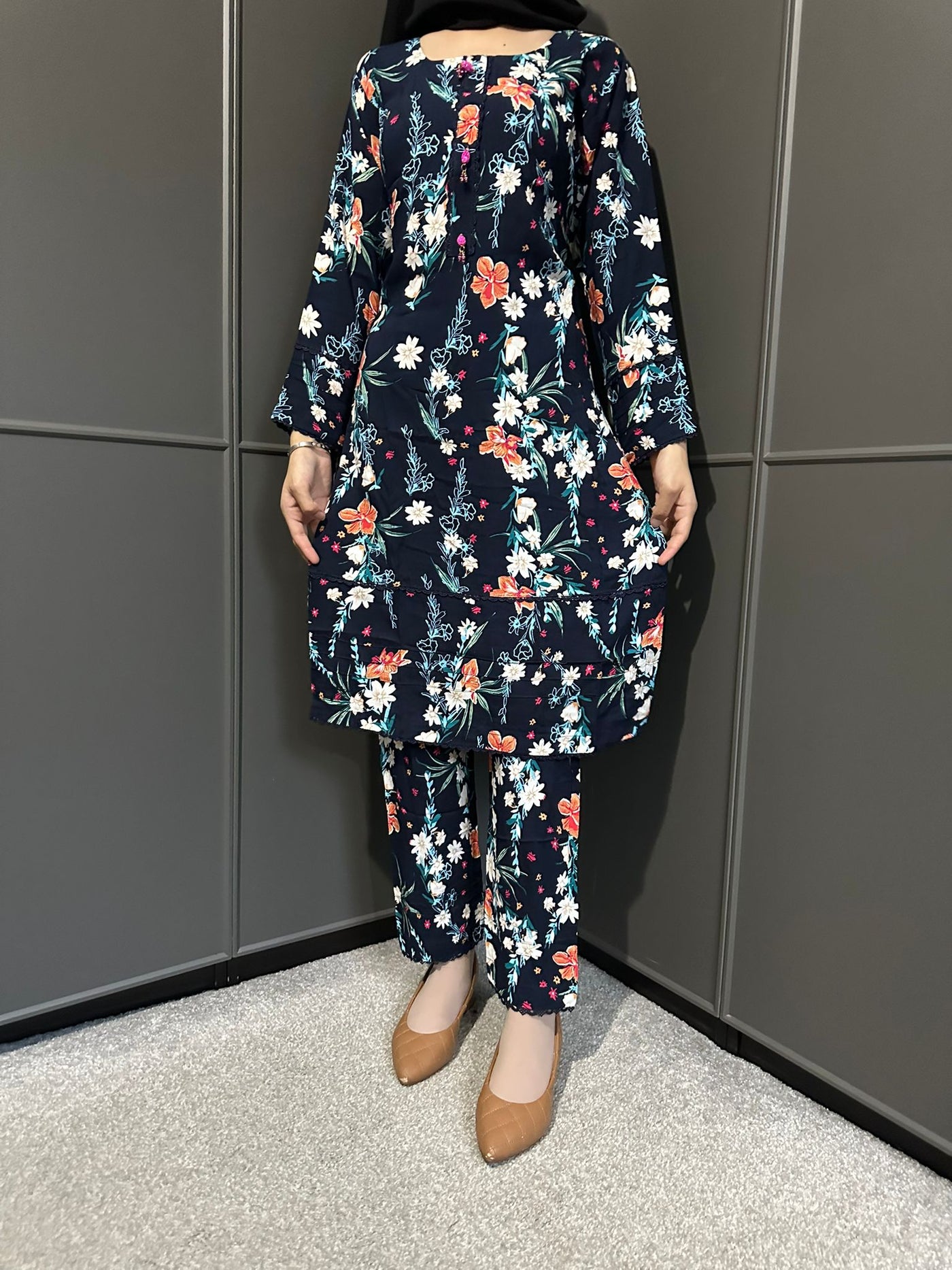 Floral Printed Stone Linen Suit - Trouser 2 Pc Set