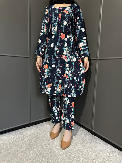 Floral Printed Stone Linen Suit - Trouser 2 Pc Set