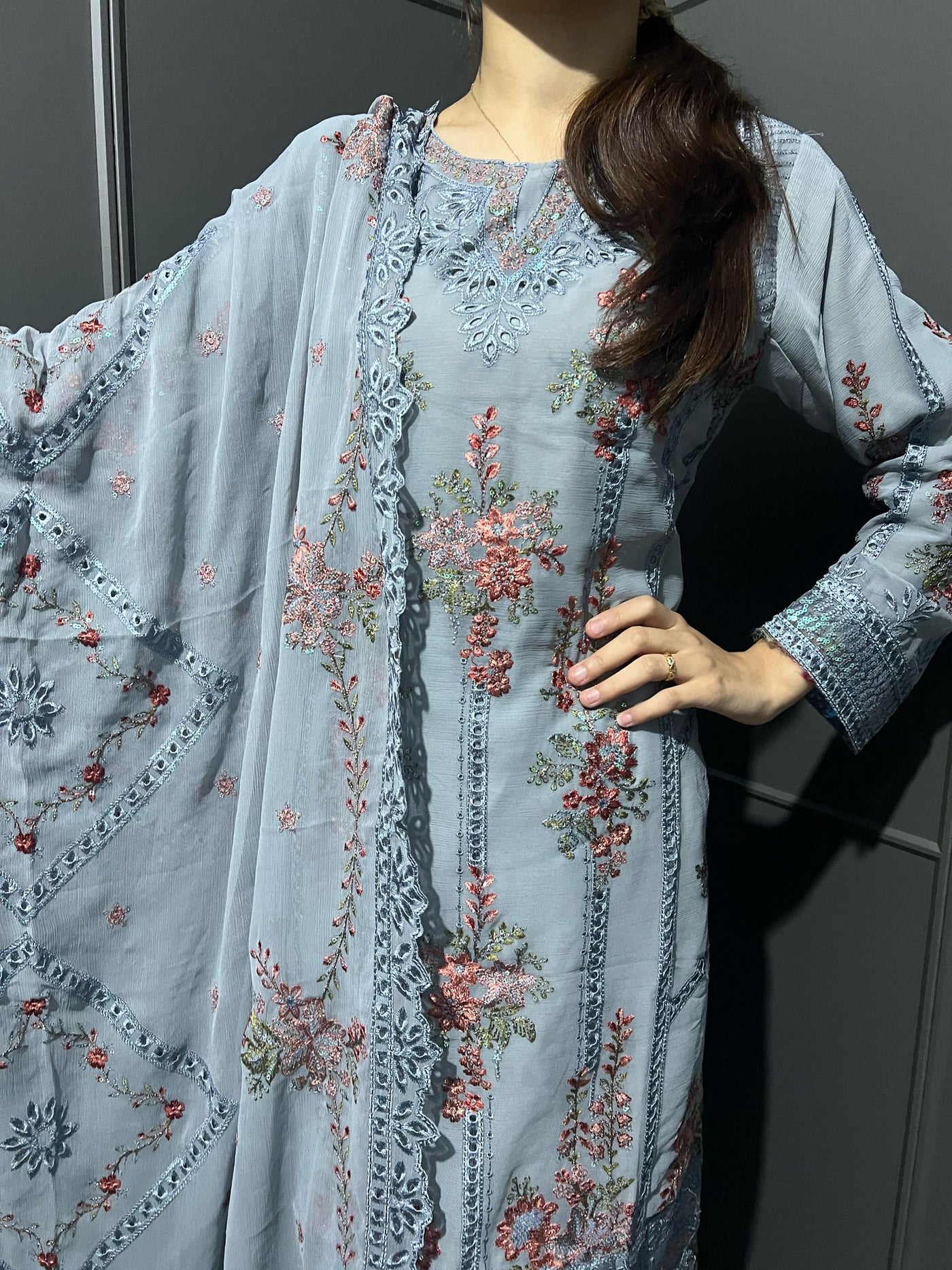 D-2 GRAY  3Pc Embroidered Chiffon Collection With Embroidered Chiffon Duptta