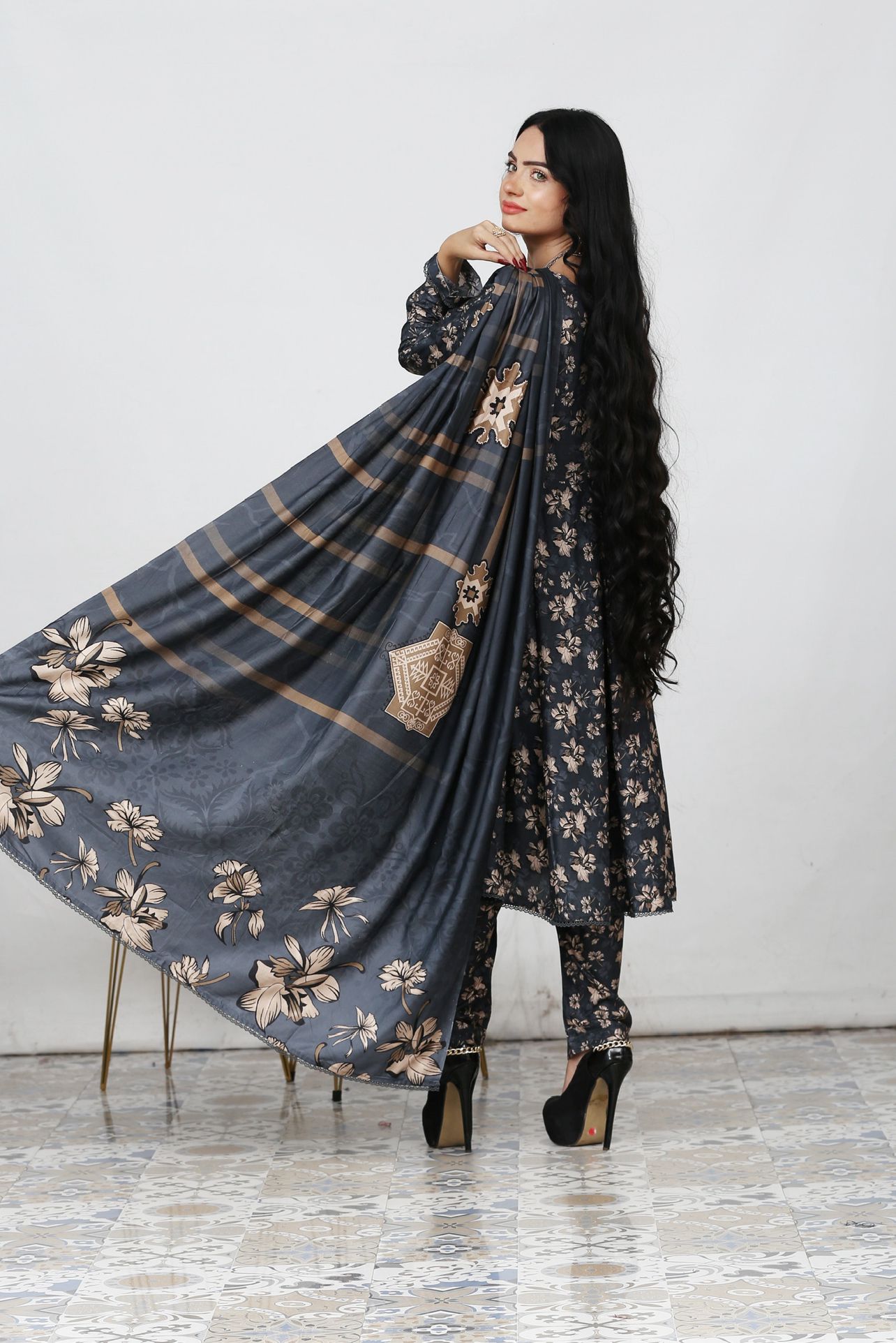 3 Pc Floral Printed Winter Linen Frock With Linen Dupatta D-701