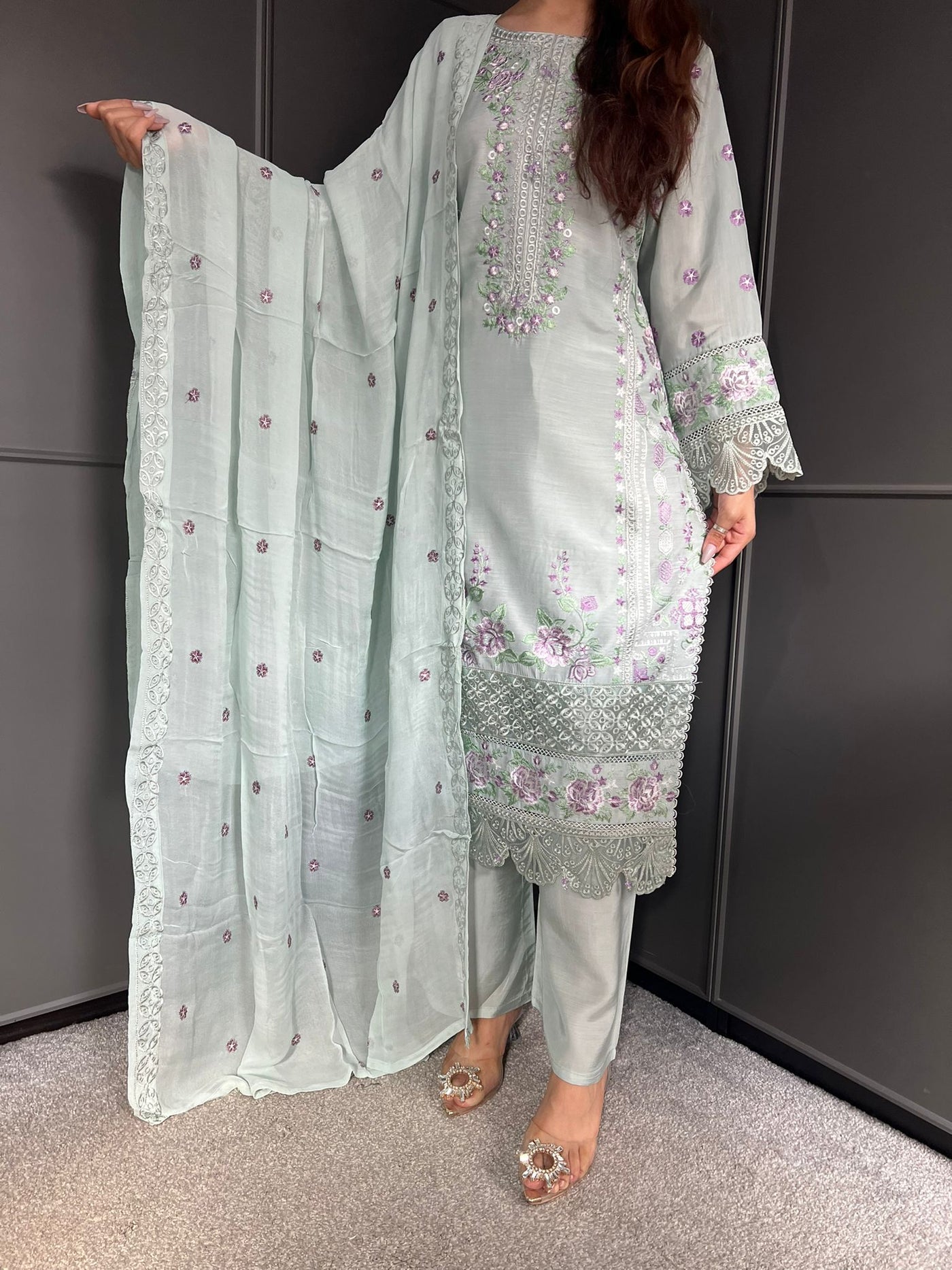 Mint  - Viscose Embroidered Plazzo | Suit With Embroidered | Chiffon Dupatta