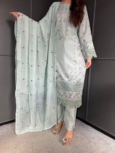 Mint  - Viscose Embroidered Plazzo | Suit With Embroidered | Chiffon Dupatta