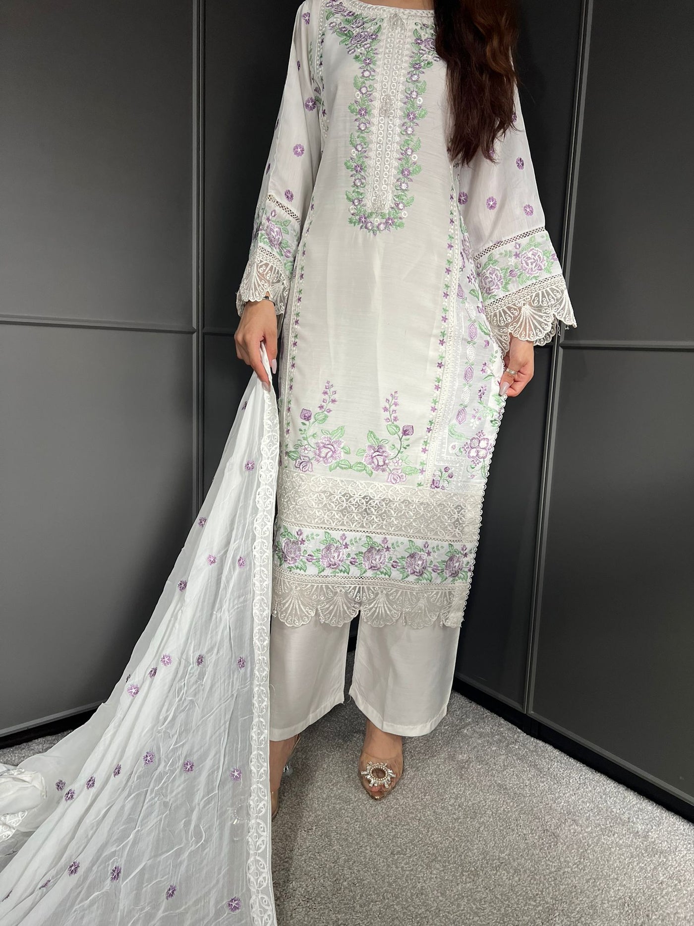 Off White - Viscose Embroidered Plazzo | Suit With Embroidered | Chiffon Dupatta