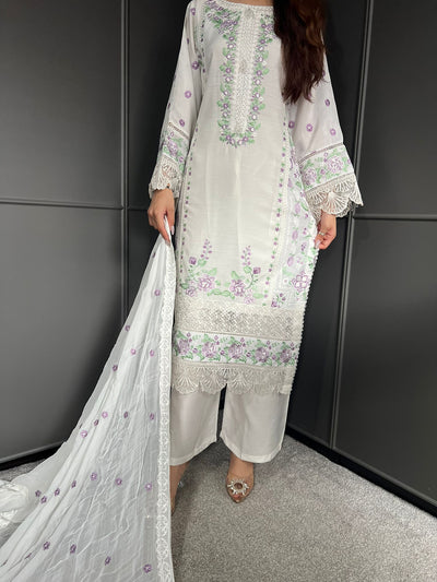 Off White - Viscose Embroidered Plazzo | Suit With Embroidered | Chiffon Dupatta