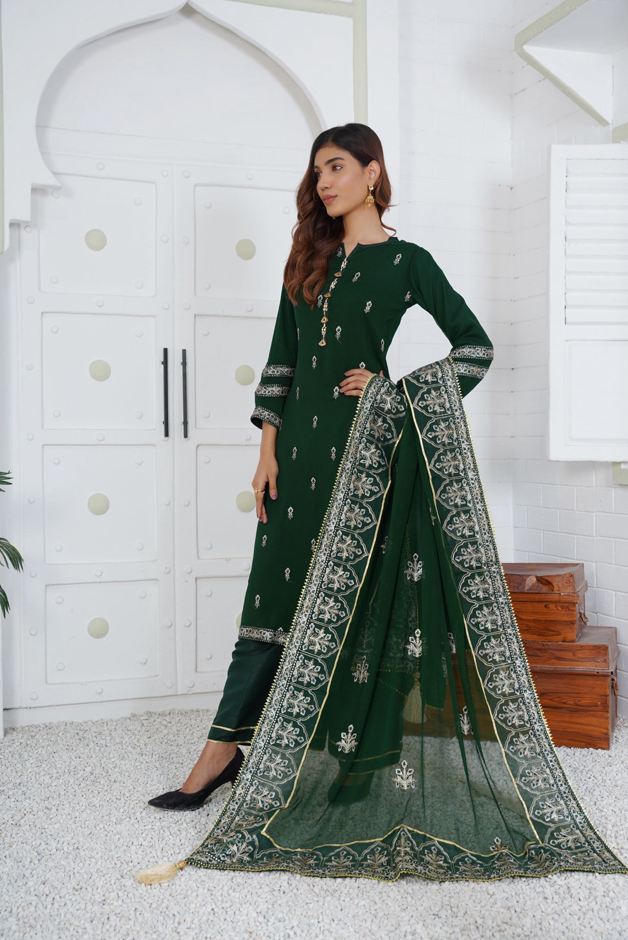 Readymade Chiffon Plazzo Suit With Embroidered Chiffon Dupatta GREEN D-79