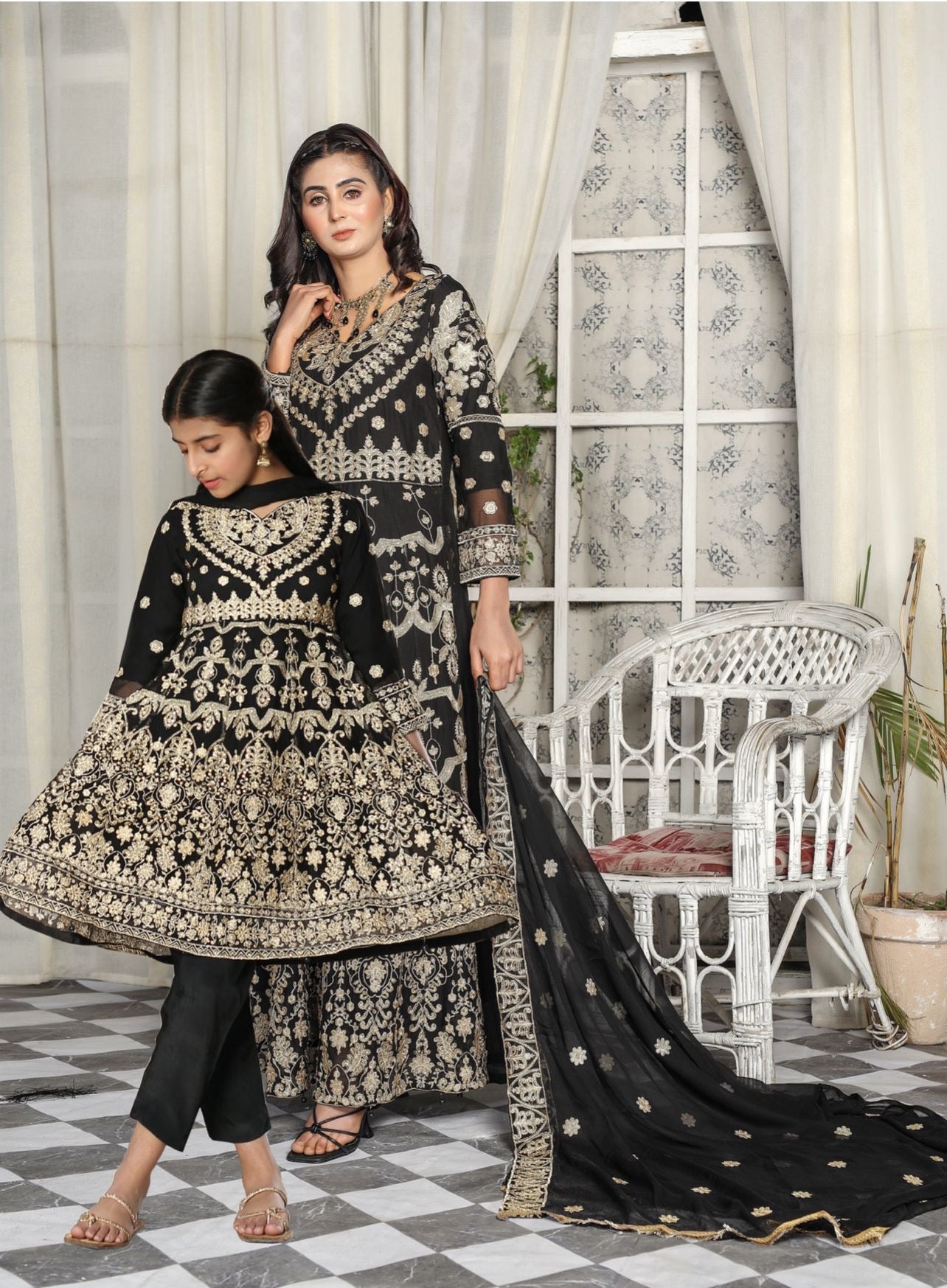 Mother & Daughter Ready to Wear Chiffon Maxi Dress BLACK D-205 | Buy Pakistani Suits 