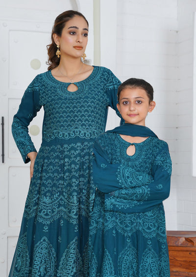 Mother & Daughter Ready to Wear Chiffon Maxi Dress Teal D-307| Shop Pakistani Dresses