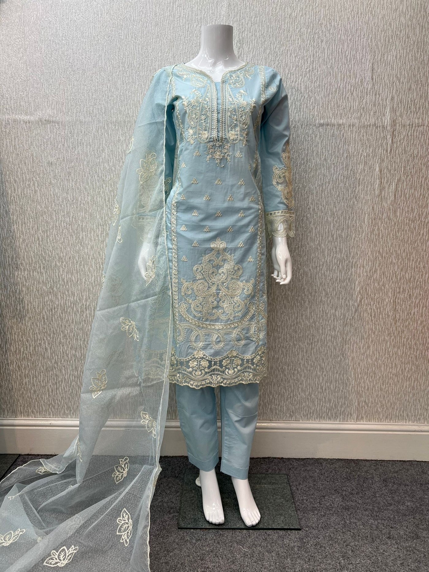 3 Pc Stitched Lawn Cotton Suit Embroidered Cotton Net Dupatta Sky Blue D-14