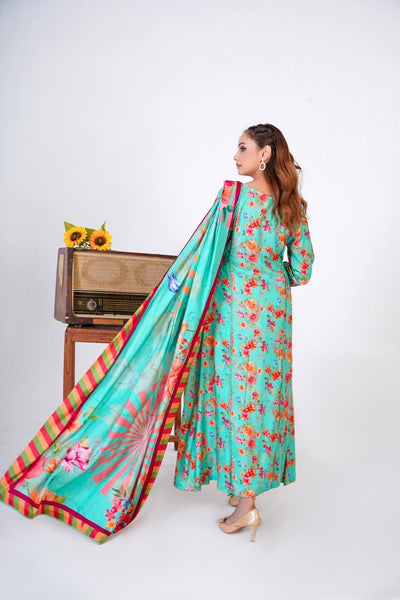 3 Pc Floral Printed Winter Linen Frock With Linen Dupatta D-301