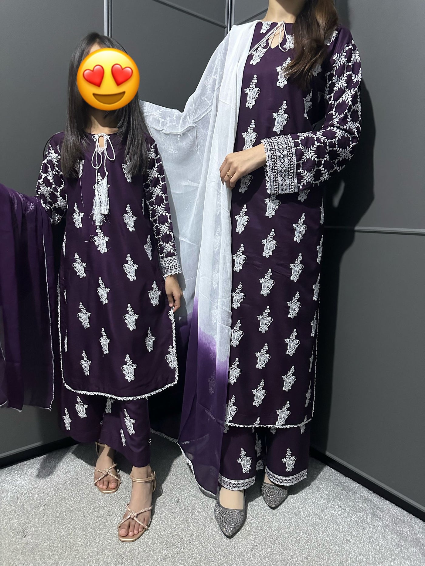 Plum-Mother & Daughter Embroidered Linen Plazo Collection