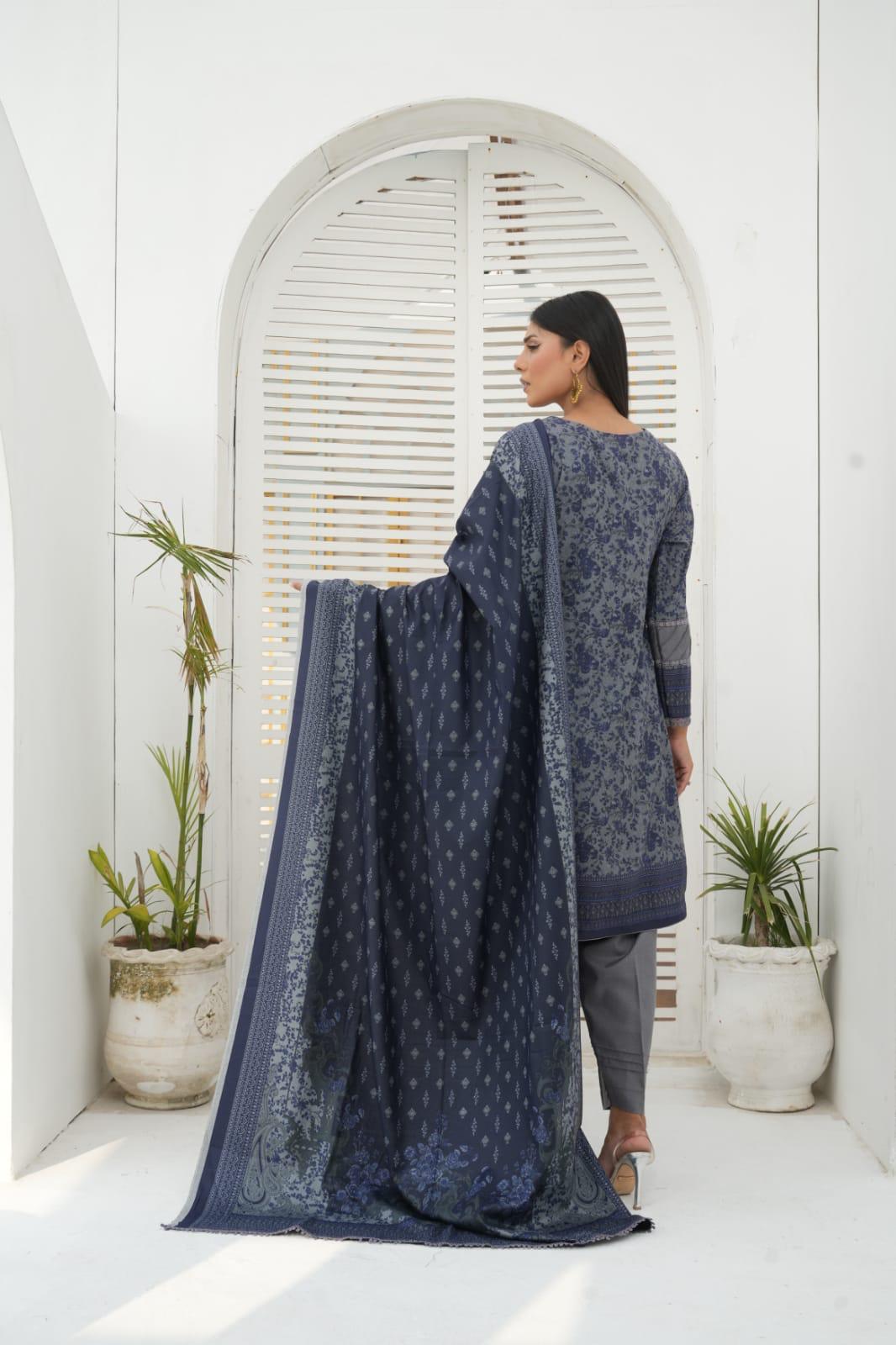 GREY 3 PIECE EMBROIDERED DHANAK READY TO WEAR SUIT-D-702