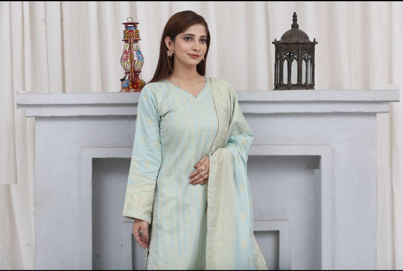 Mint FARSHI SHALWAR brosha Self Printed 3 Piece Outfit | Shop Latest Pakistani Salwar Suits | Pakistani Dresses at affordable prices in United Kingdom | Image 7 of 12