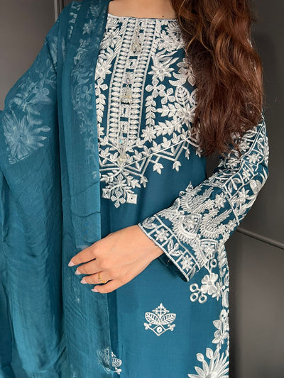 TEAL- FARSHI SHALWAR|Embroidered Linen 3 Piece |Outfit for Women - Asian Clothing